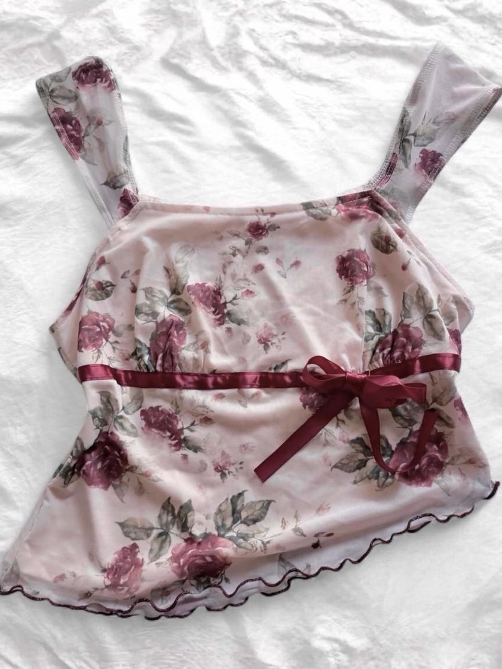 Pink Rose Floral Mesh Cami Top Burgundy Bow Y2K inspired Asymmetrical Hem